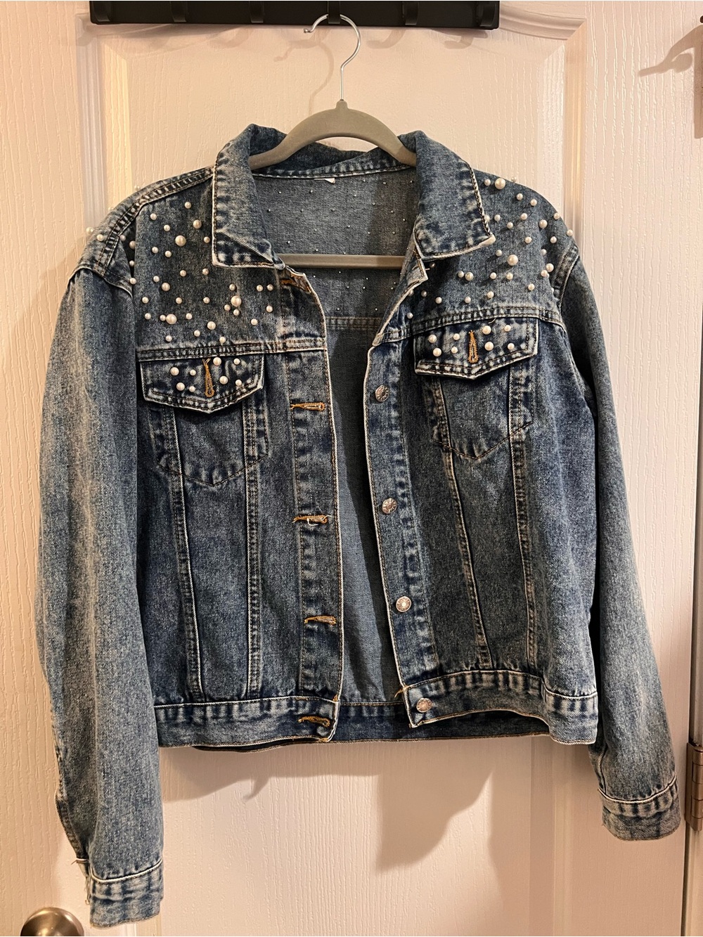 Pearl-Embellished Blue Denim Jacket - Women's